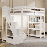 Bellemave® Wooden Loft Bed with Shelves, Storage Staircase, Small Wardrobe and White LED Light - Bellemave